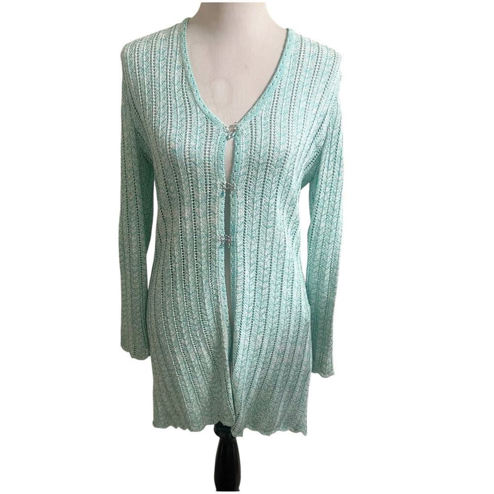 St. John Sport Crochet Longline Knit Cardigan Teal Size Small Petite Beaded Hook - Picture 2 of 16